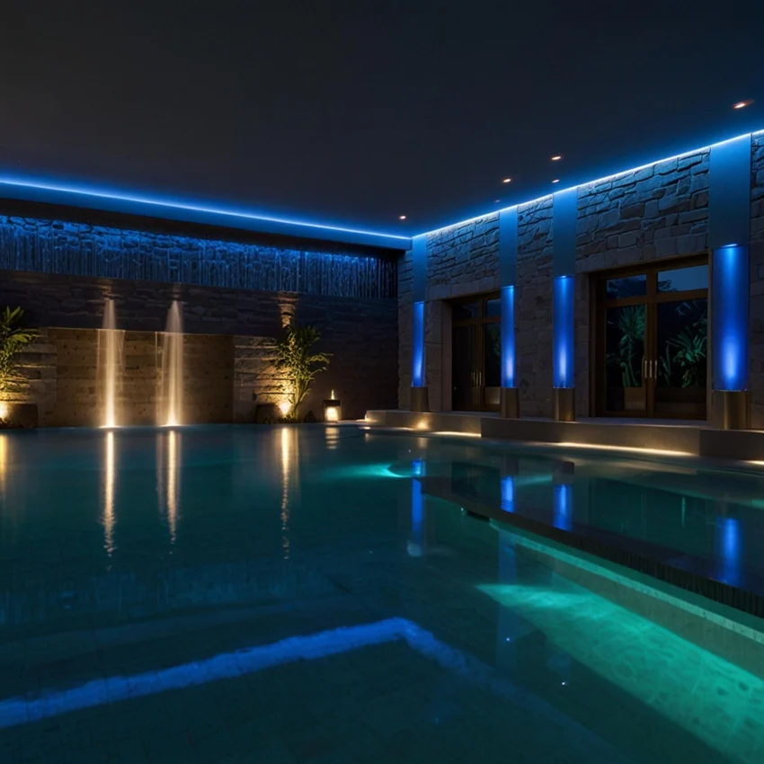 Piscina Cubierta Moderna Con Iluminacion Azul Y Una Cascada